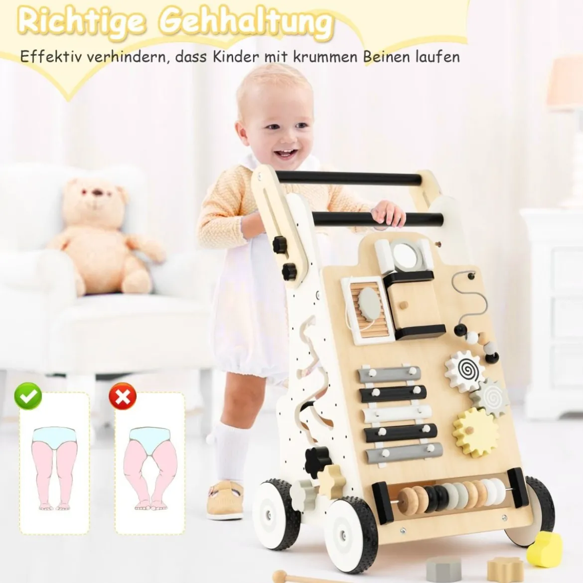 Holz Baby Lauflernhilfe Multifunktionaler Lauflernwagen 33 x 32 x 52-57 cm Natur