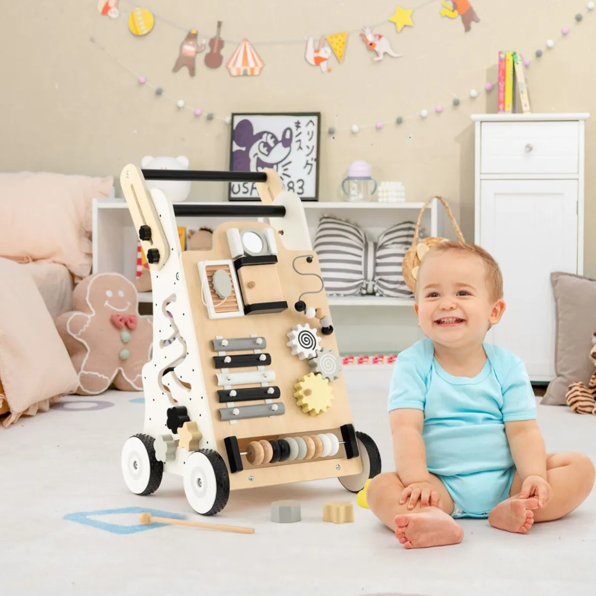 Holz Baby Lauflernhilfe Multifunktionaler Lauflernwagen 33 x 32 x 52-57 cm Natur