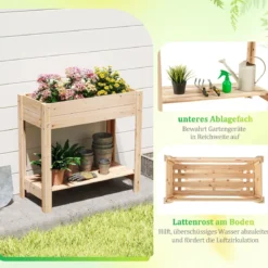 Holz Hochbeet mit Ablage Erhöhtes Gartenbeet mit Drainagefächern Pflanzkasten Gemüsebeet Natur