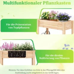 Holz Hochbeet mit Ablage Erhöhtes Gartenbeet mit Drainagefächern Pflanzkasten Gemüsebeet Natur