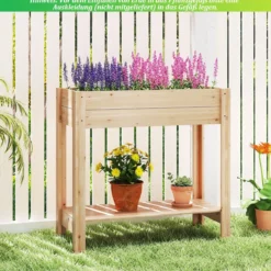 Holz Hochbeet mit Ablage Erhöhtes Gartenbeet mit Drainagefächern Pflanzkasten Gemüsebeet Natur