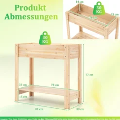 Holz Hochbeet mit Ablage Erhöhtes Gartenbeet mit Drainagefächern Pflanzkasten Gemüsebeet Natur