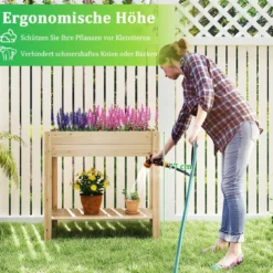 Holz Hochbeet mit Ablage Erhöhtes Gartenbeet mit Drainagefächern Pflanzkasten Gemüsebeet Natur