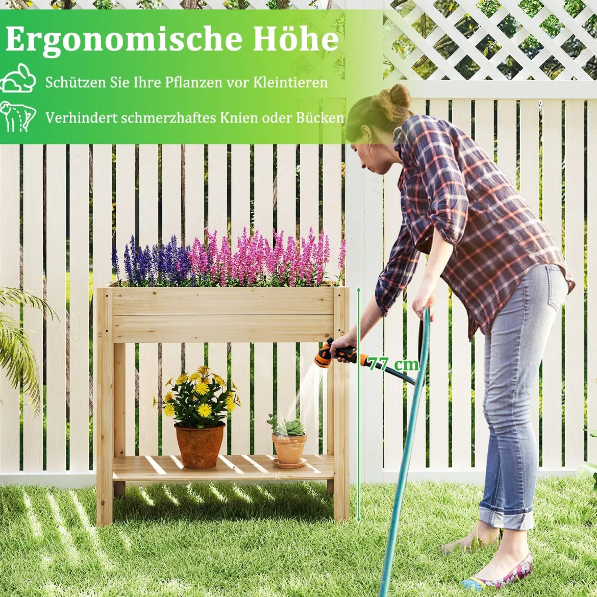 Holz Hochbeet mit Ablage Erhöhtes Gartenbeet mit Drainagefächern Pflanzkasten Gemüsebeet Natur