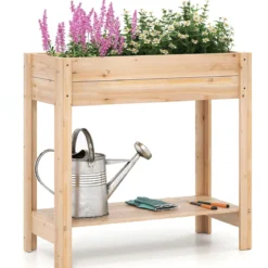 Holz Hochbeet mit Ablage Erhöhtes Gartenbeet mit Drainagefächern Pflanzkasten Gemüsebeet Natur