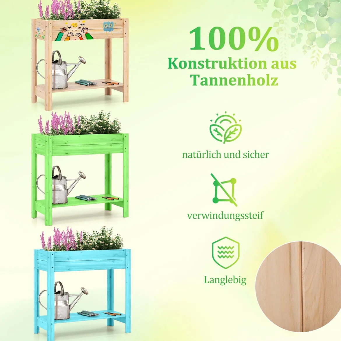 Holz Hochbeet mit Ablage Erhöhtes Gartenbeet mit Drainagefächern Pflanzkasten Gemüsebeet Natur