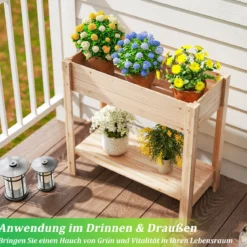 Holz Hochbeet mit Ablage Erhöhtes Gartenbeet mit Drainagefächern Pflanzkasten Gemüsebeet Natur