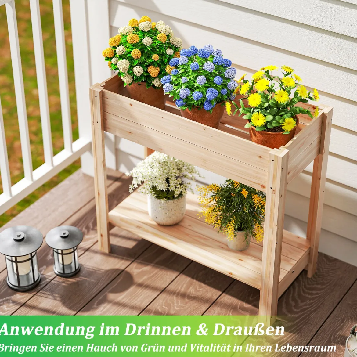 Holz Hochbeet mit Ablage Erhöhtes Gartenbeet mit Drainagefächern Pflanzkasten Gemüsebeet Natur