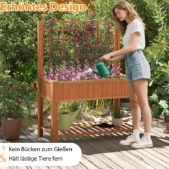Holz Hochbeet mit Spalier & Ablage Blumenbeet mit Ablauflöchern Gartenbeet Pflanzkasten Braun