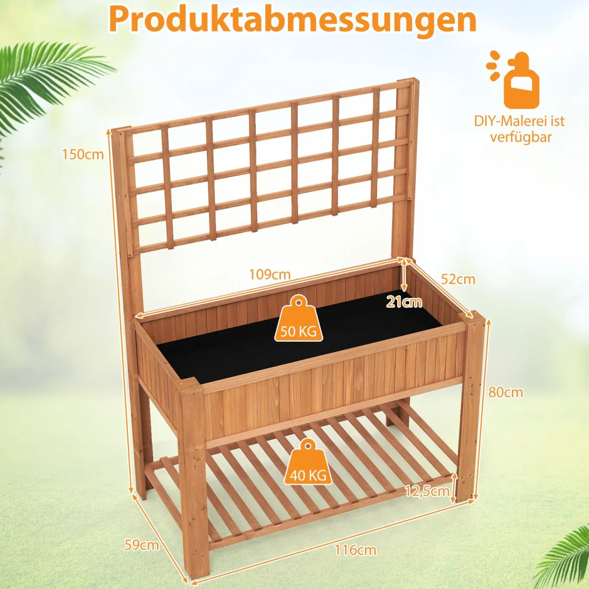 Holz Hochbeet mit Spalier & Ablage Blumenbeet mit Ablauflöchern Gartenbeet Pflanzkasten Braun
