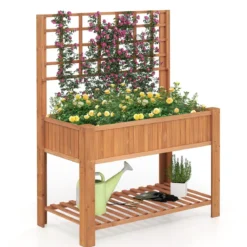 Holz Hochbeet mit Spalier & Ablage Blumenbeet mit Ablauflöchern Gartenbeet Pflanzkasten Braun