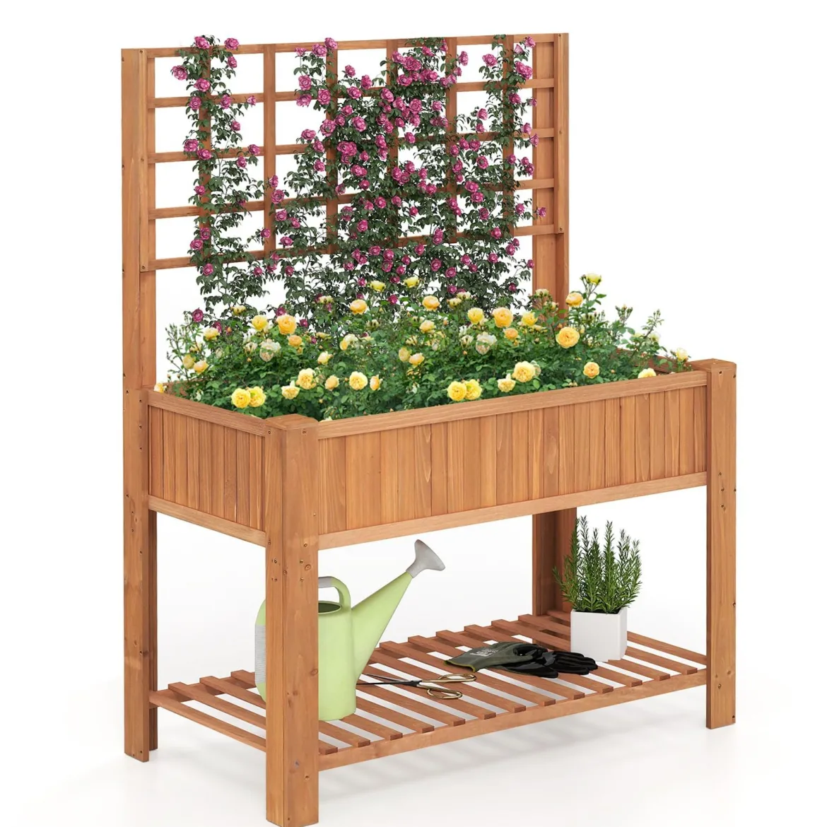 Holz Hochbeet mit Spalier & Ablage Blumenbeet mit Ablauflöchern Gartenbeet Pflanzkasten Braun
