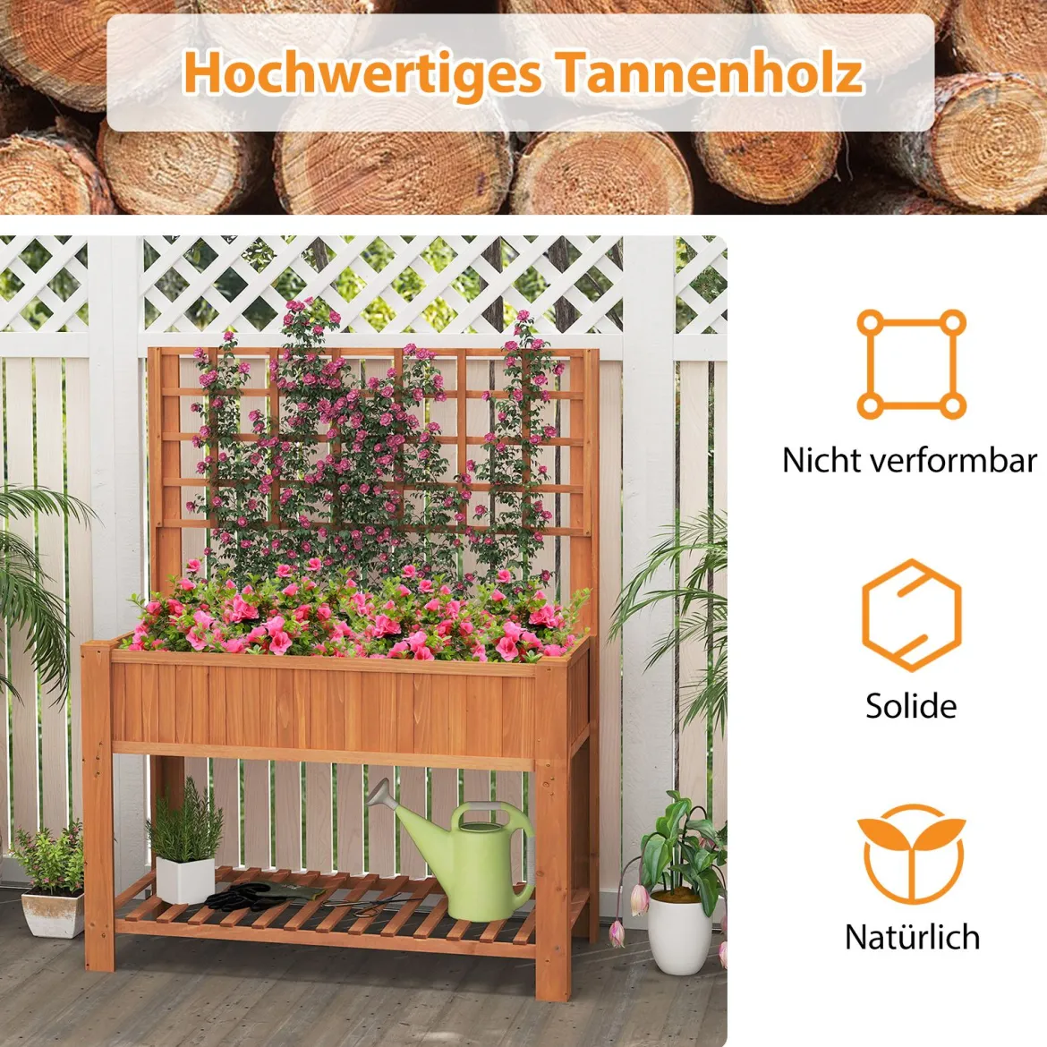 Holz Hochbeet mit Spalier & Ablage Blumenbeet mit Ablauflöchern Gartenbeet Pflanzkasten Braun