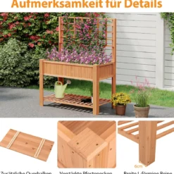 Holz Hochbeet mit Spalier & Ablage Blumenbeet mit Ablauflöchern Gartenbeet Pflanzkasten Braun