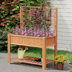 Holz Hochbeet mit Spalier & Ablage Blumenbeet mit Ablauflöchern Gartenbeet Pflanzkasten Braun
