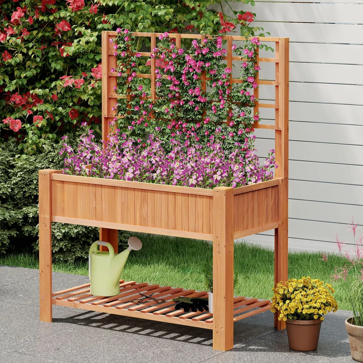 Holz Hochbeet mit Spalier & Ablage Blumenbeet mit Ablauflöchern Gartenbeet Pflanzkasten Braun