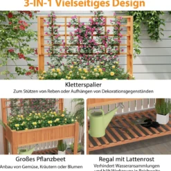 Holz Hochbeet mit Spalier & Ablage Blumenbeet mit Ablauflöchern Gartenbeet Pflanzkasten Braun