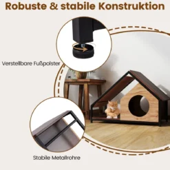 Holzhütte für Katzen für den Innenbereich Katzenhaus mit Veranda abnehmbares Schrägdach & Metallrahmen Natur