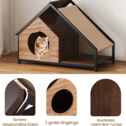 Holzhütte für Katzen für den Innenbereich Katzenhaus mit Veranda abnehmbares Schrägdach & Metallrahmen Natur