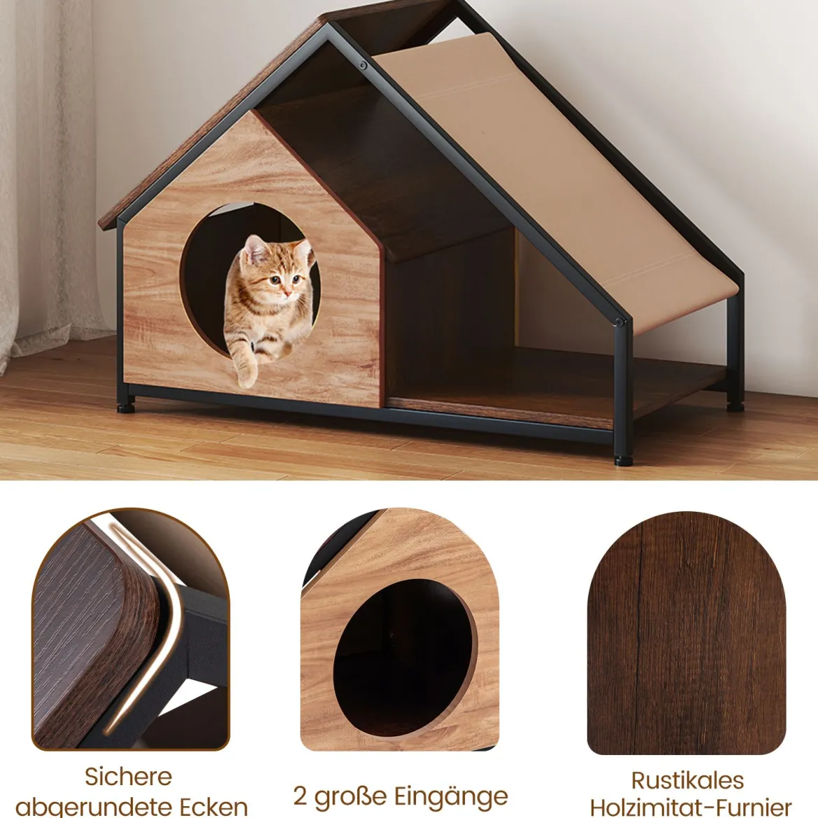 Holzhütte für Katzen für den Innenbereich Katzenhaus mit Veranda abnehmbares Schrägdach & Metallrahmen Natur