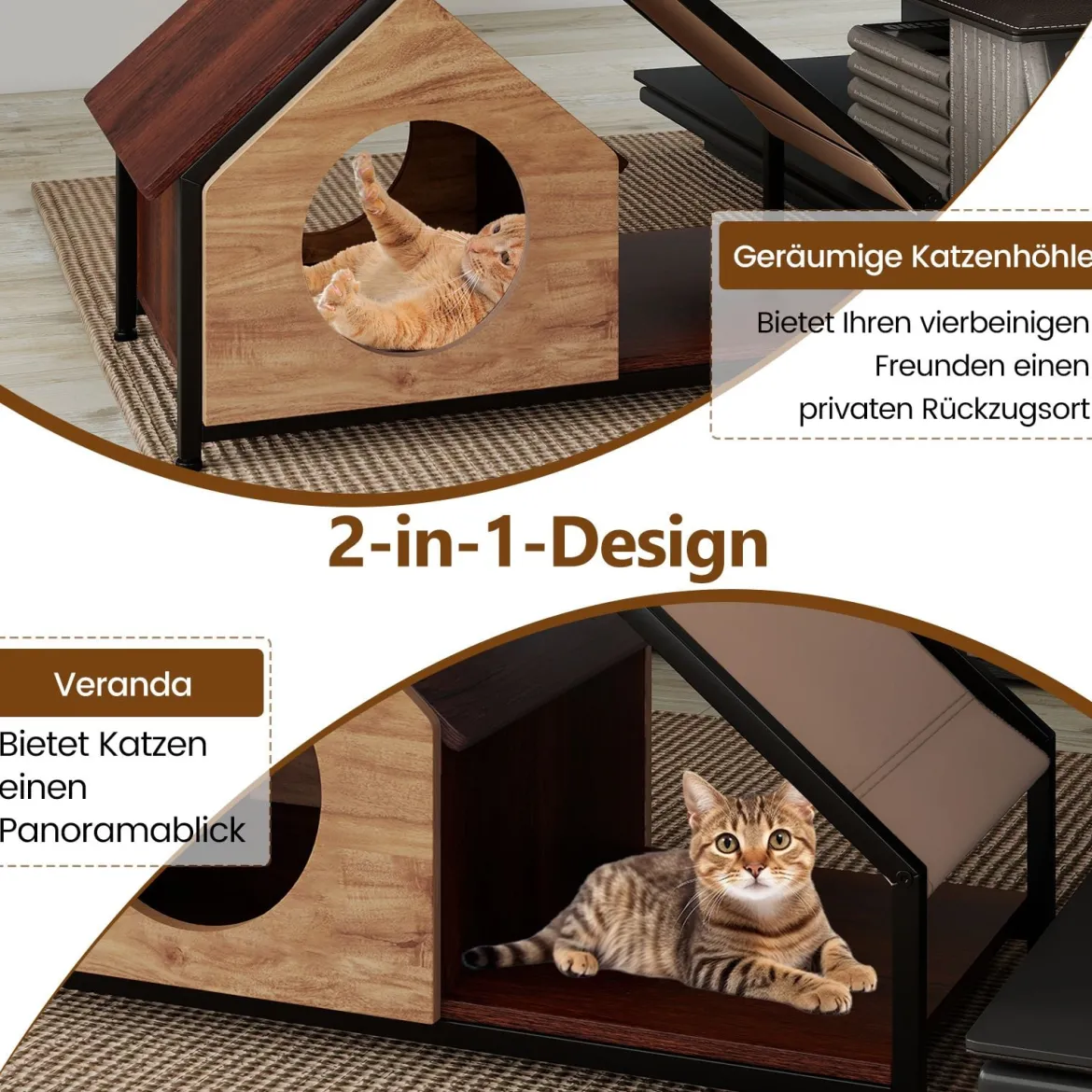 Holzhütte für Katzen für den Innenbereich Katzenhaus mit Veranda abnehmbares Schrägdach & Metallrahmen Natur
