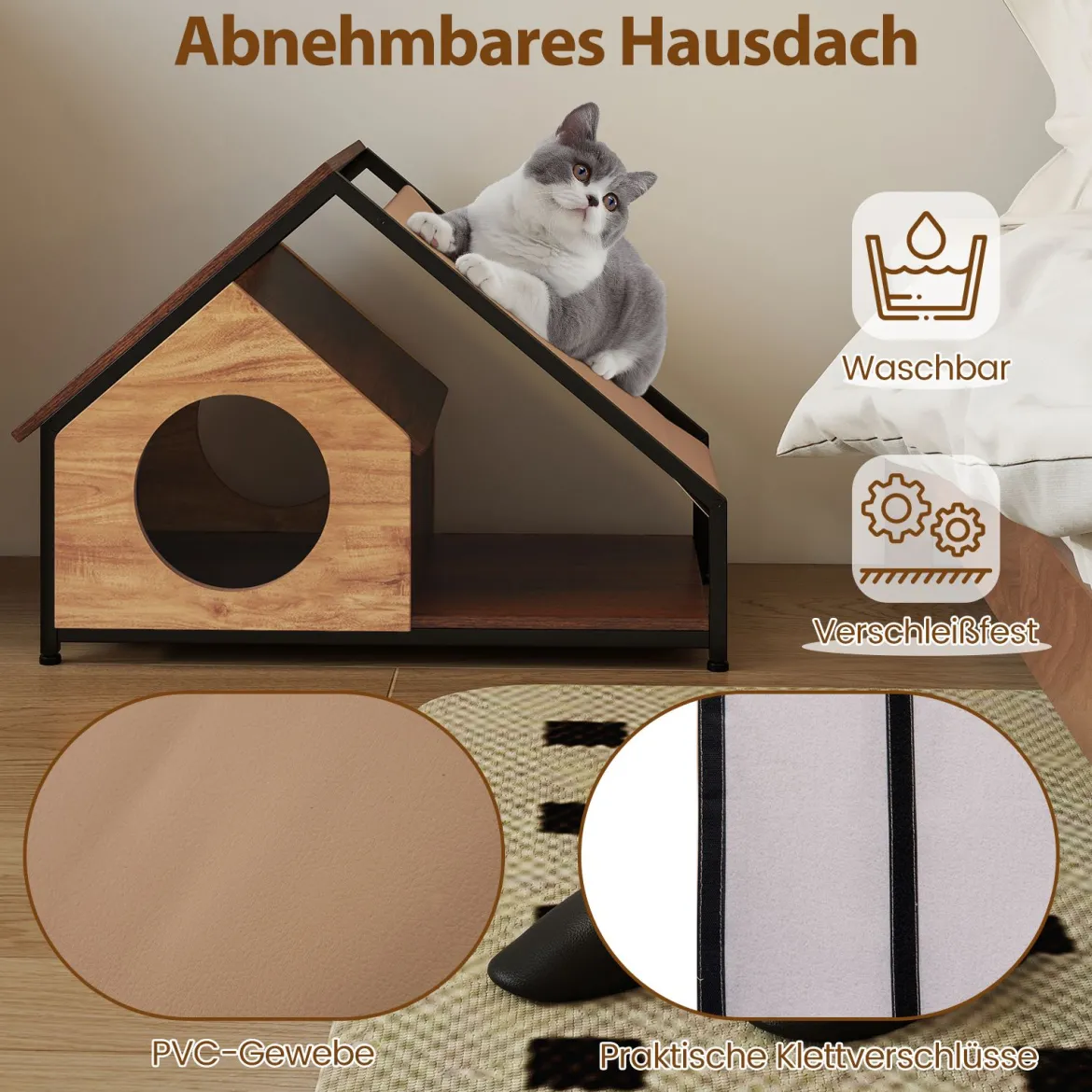 Holzhütte für Katzen für den Innenbereich Katzenhaus mit Veranda abnehmbares Schrägdach & Metallrahmen Natur