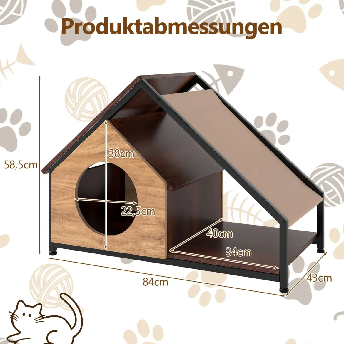 Holzhütte für Katzen für den Innenbereich Katzenhaus mit Veranda abnehmbares Schrägdach & Metallrahmen Natur