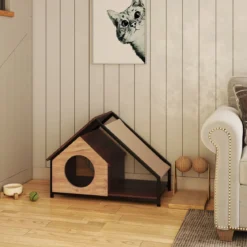 Holzhütte für Katzen für den Innenbereich Katzenhaus mit Veranda abnehmbares Schrägdach & Metallrahmen Natur