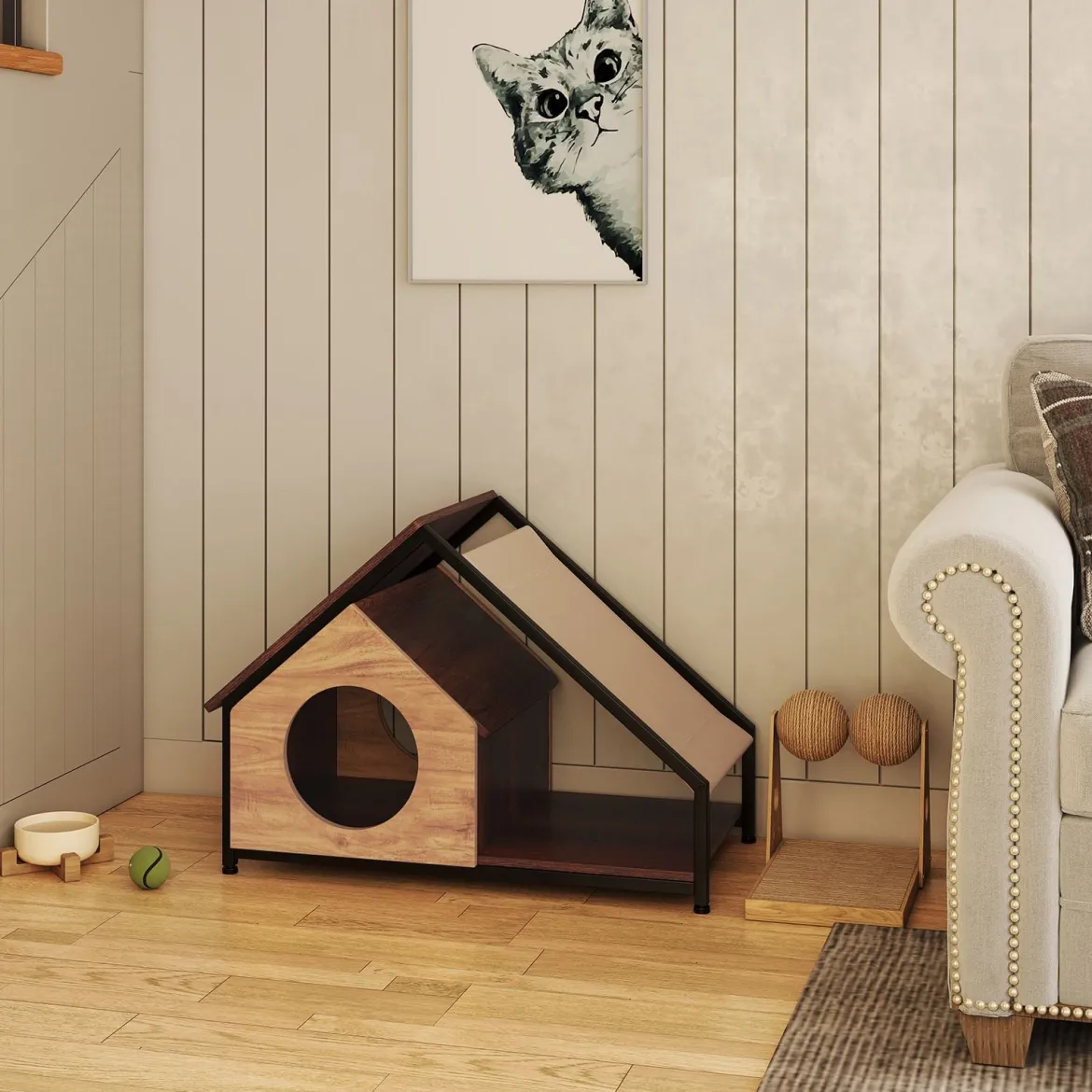 Holzhütte für Katzen für den Innenbereich Katzenhaus mit Veranda abnehmbares Schrägdach & Metallrahmen Natur