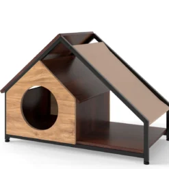 Holzhütte für Katzen für den Innenbereich Katzenhaus mit Veranda abnehmbares Schrägdach & Metallrahmen Natur