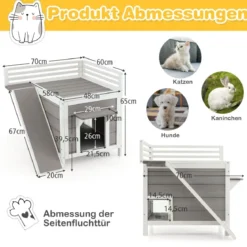 Holzhütte mit Dachbalkon Kletterrampe Fluchttüren & PVC-Vorhängen 2-stöckiger Unterstand aus Holz für Katzen wetterfest