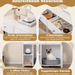 Holz Katzenschrank mit 2 Schubladen & Doppeltüren & Offenen Fächern katzentoilette
