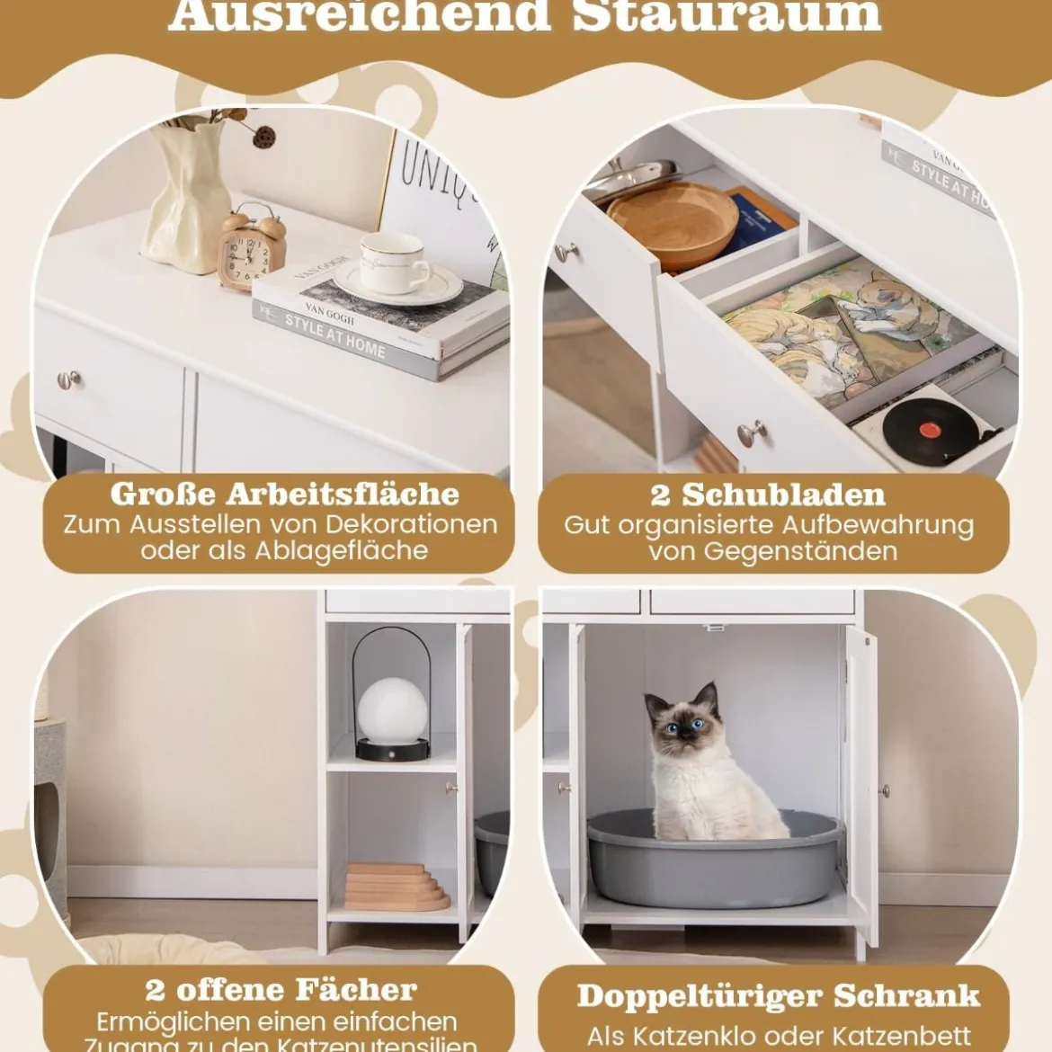Holz Katzenschrank mit 2 Schubladen & Doppeltüren & Offenen Fächern katzentoilette