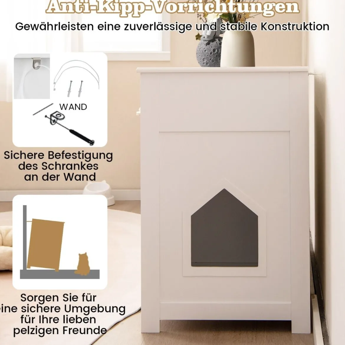 Holz Katzenschrank mit 2 Schubladen & Doppeltüren & Offenen Fächern katzentoilette