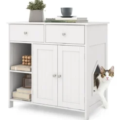 Holz Katzenschrank mit 2 Schubladen & Doppeltüren & Offenen Fächern katzentoilette