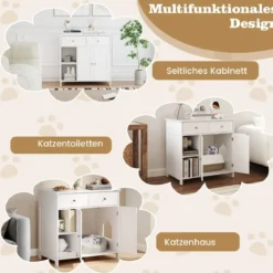 Holz Katzenschrank mit 2 Schubladen & Doppeltüren & Offenen Fächern katzentoilette
