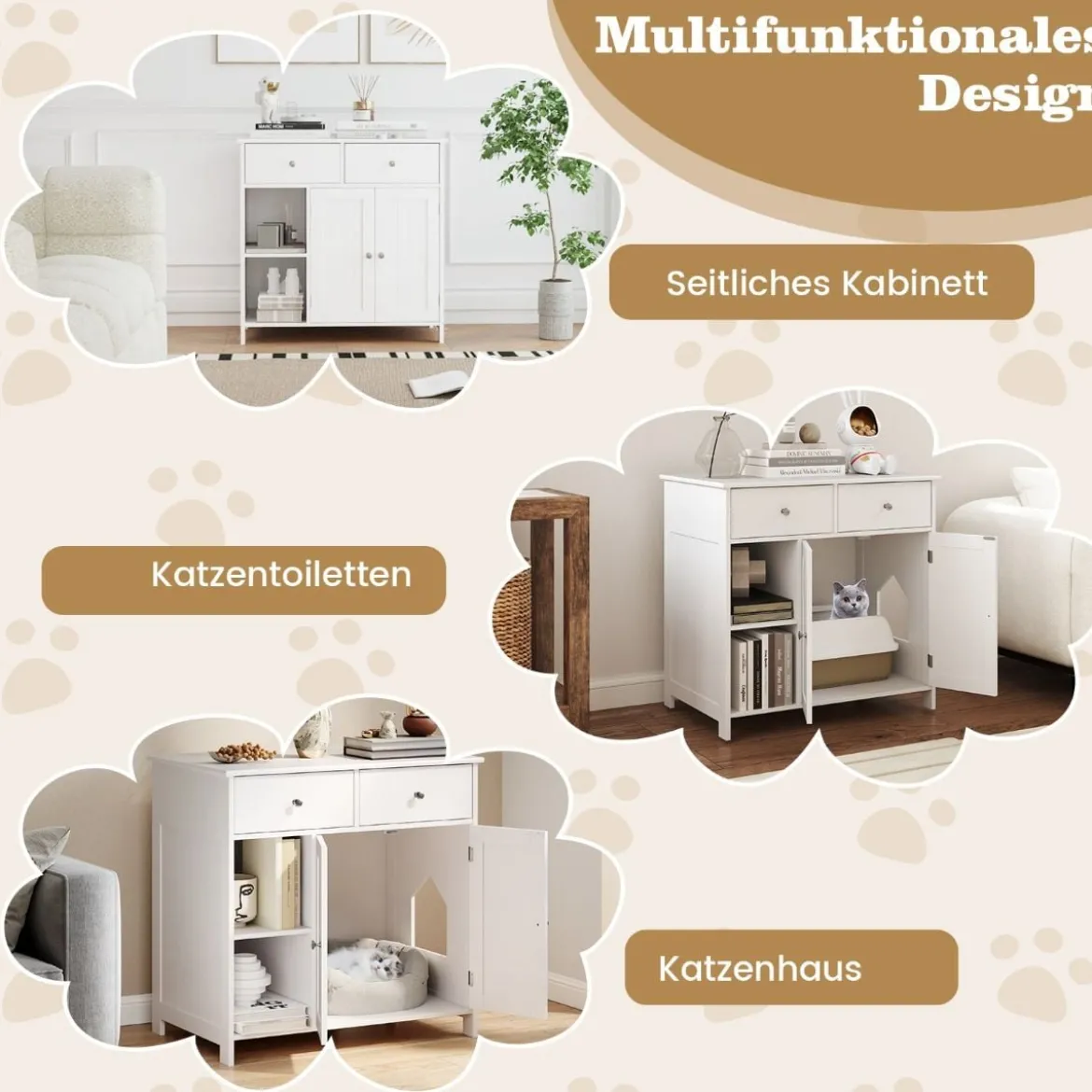 Holz Katzenschrank mit 2 Schubladen & Doppeltüren & Offenen Fächern katzentoilette