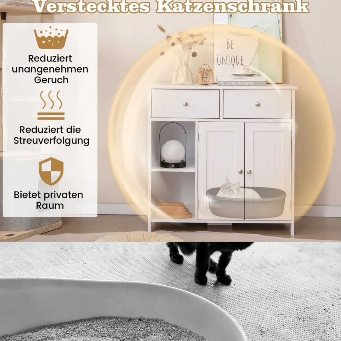 Holz Katzenschrank mit 2 Schubladen & Doppeltüren & Offenen Fächern katzentoilette
