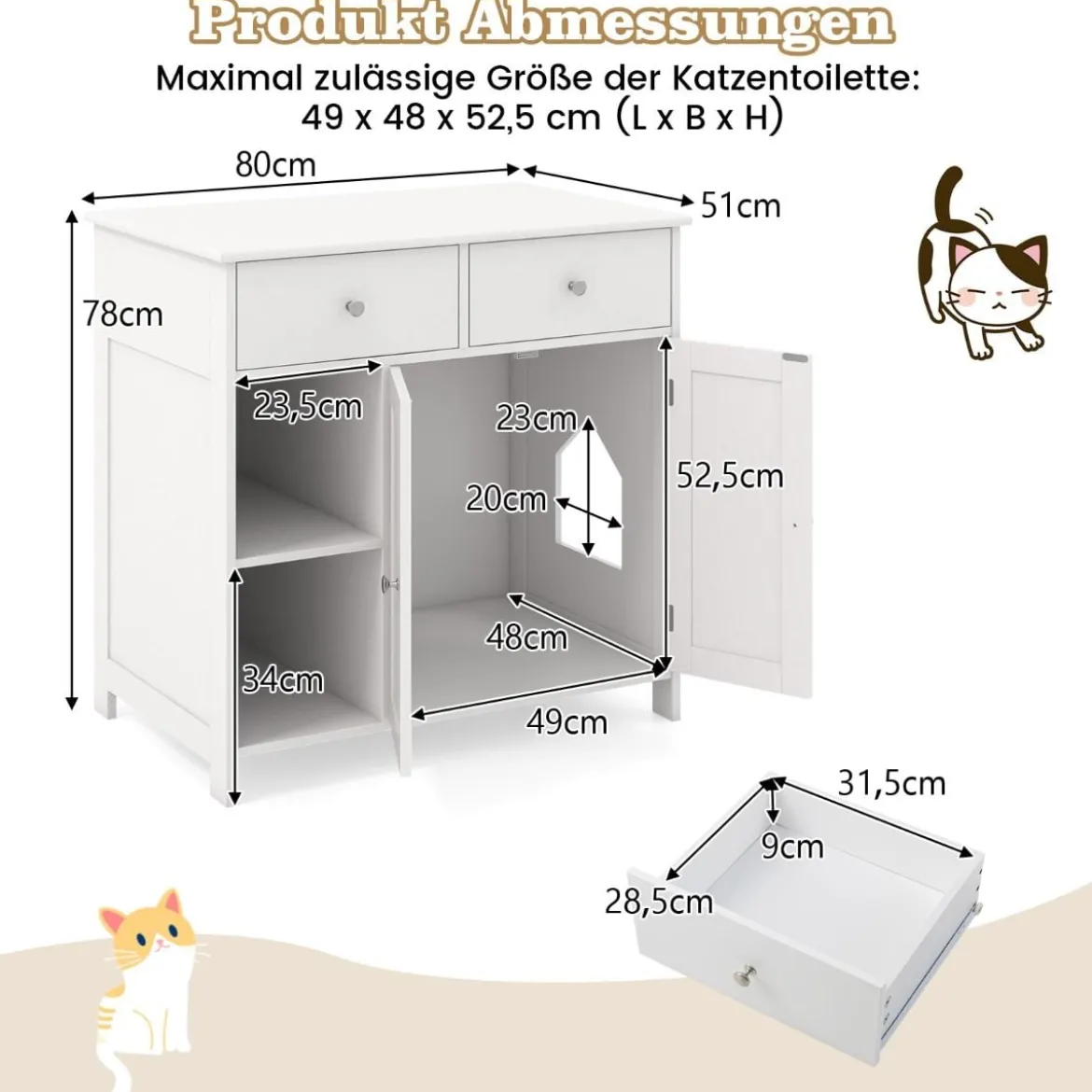 Holz Katzenschrank mit 2 Schubladen & Doppeltüren & Offenen Fächern katzentoilette