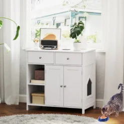Holz Katzenschrank mit 2 Schubladen & Doppeltüren & Offenen Fächern katzentoilette