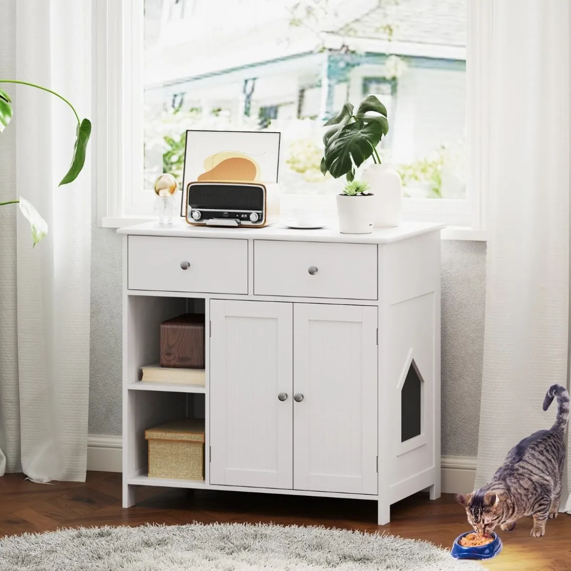 Holz Katzenschrank mit 2 Schubladen & Doppeltüren & Offenen Fächern katzentoilette