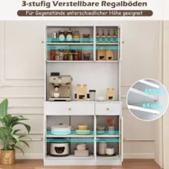 Holz Küchenschrank mit Rattantüren & 2 Steckdosen & 2 USB-Anschlüssen Buffetschrank Weiß