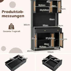 Holz Küchenschrank mit Rattantüren & 2 Steckdosen & 2 USB-Anschlüssen Buffetschrank Schwarz
