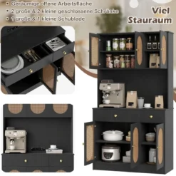Holz Küchenschrank mit Rattantüren & 2 Steckdosen & 2 USB-Anschlüssen Buffetschrank Schwarz