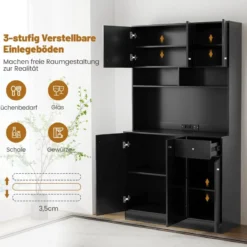 Holz Küchenschrank mit Steckdosen & USB-Anschlüsse & Type C Buffetschrank Hochschrank Schwarz