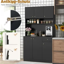 Holz Küchenschrank mit Steckdosen & USB-Anschlüsse & Type C Buffetschrank Hochschrank Schwarz