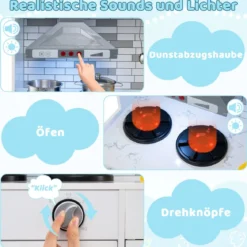 Holz-Küchenspielset mit Licht & Sound große modulare Spielküche und Kühlschrank Grau