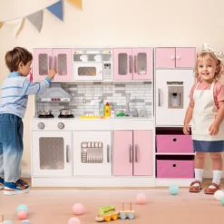 Holz-Küchenspielset mit Licht & Sound große modulare Spielküche und Kühlschrank Rosa