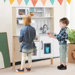 Holz Kinderküche inkl. 18 Zubehör Spielküche mit Spüle & Mikrowelle Spielzeugküche
