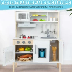 Holz Kinderküche inkl. 18 Zubehör Spielküche mit Spüle & Mikrowelle Spielzeugküche